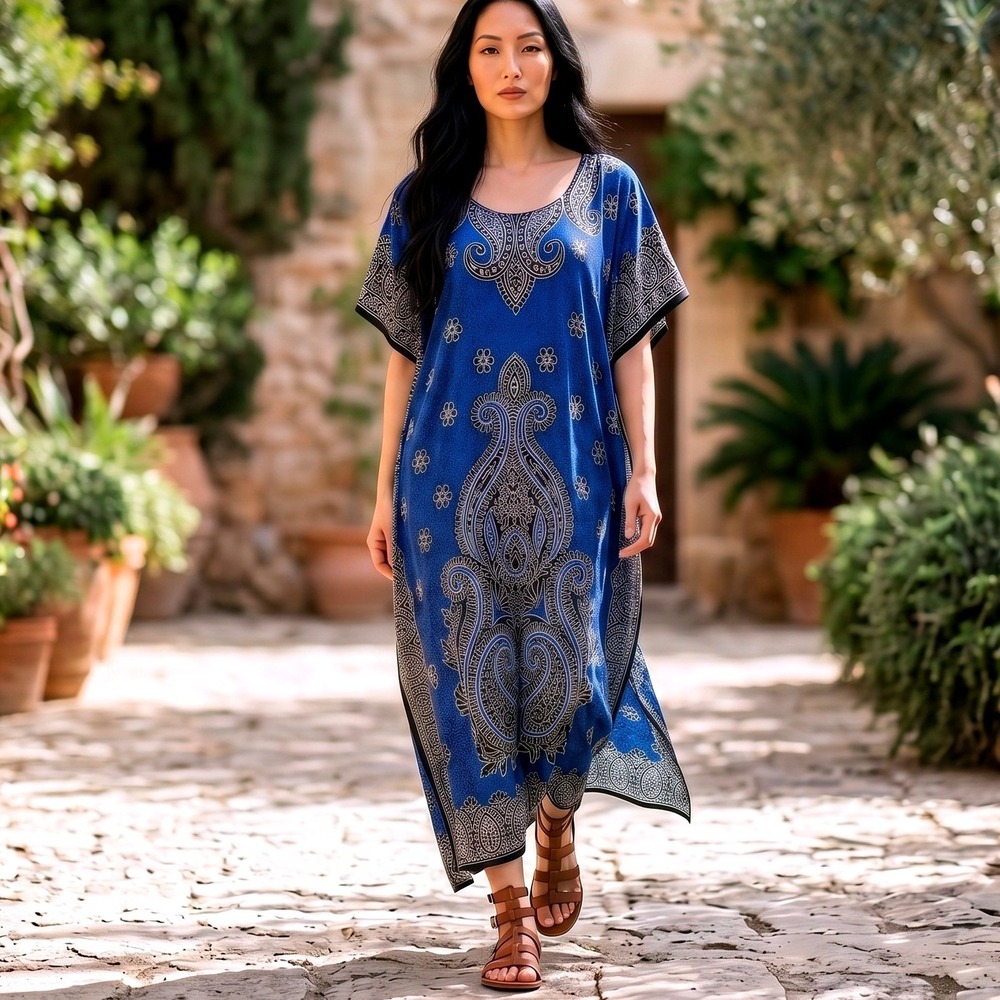 Sante Classics Blue Paisley Floral Caftan Maxi Dress One Size Glitter Accents